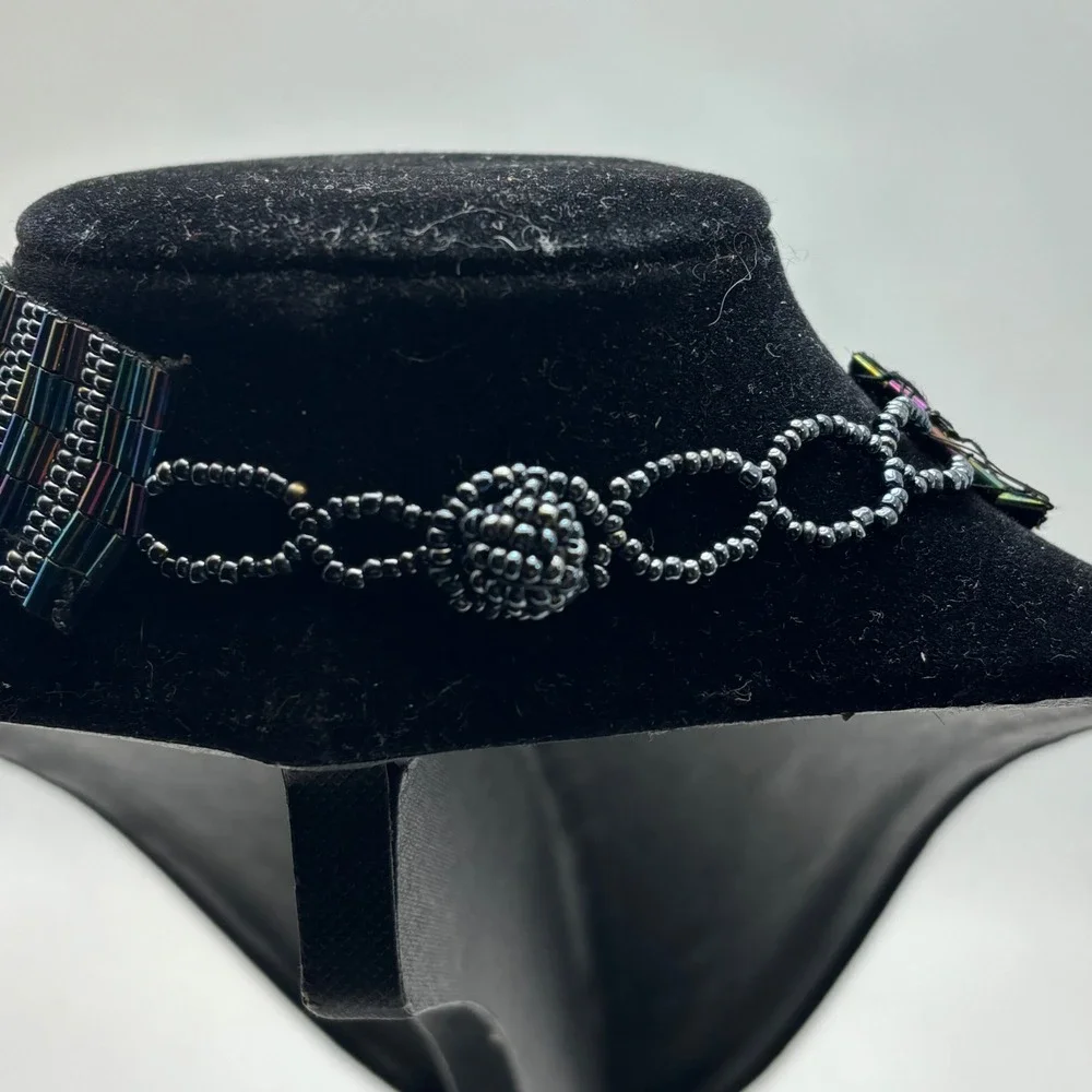 Vintage Aurora‎ Borealis Bugle Bead Choker Necklace Iridescent Rainbow AB Glass